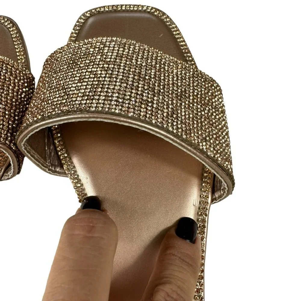 NIkki Women's Rhinestone Slide‎ Sandals Open Toe Flat Slip on Rose Gold Sz 6